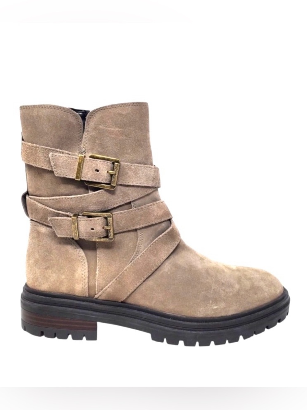 NWOB Vince Camuto Belisha 2 Taupe Suede Moto Ankle Boot Lug Sole 7.5